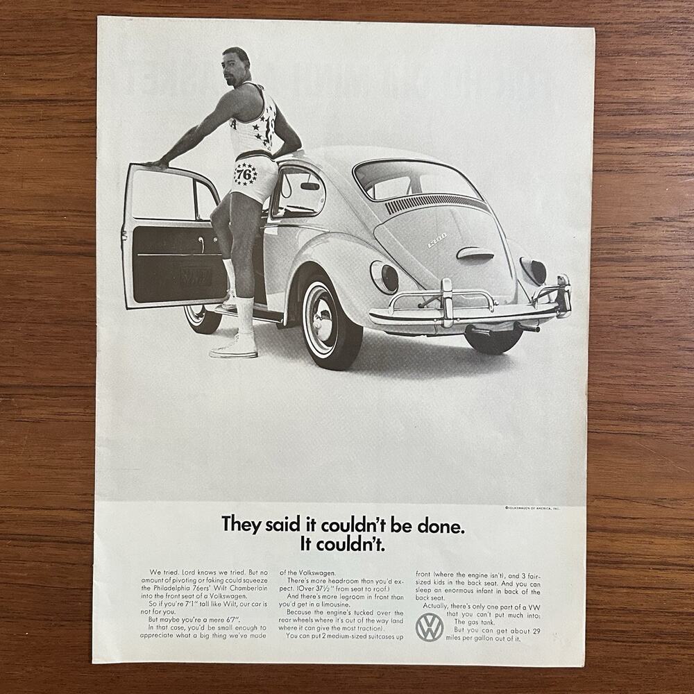 1966 Volkswagen Beetle Bug Print Ad Featuring Wilt Chamberlain Rare